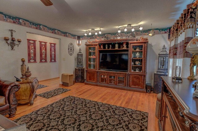 606 E Houghton St, Tuscola, IL 61953 - living area with wood finished floors, a textured ceiling, ceiling fan, and baseboards