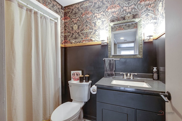 5045 S Rd, Gurnee, IL 60031 - bathroom with wallpapered walls, toilet, vanity, and a shower with shower curtain
