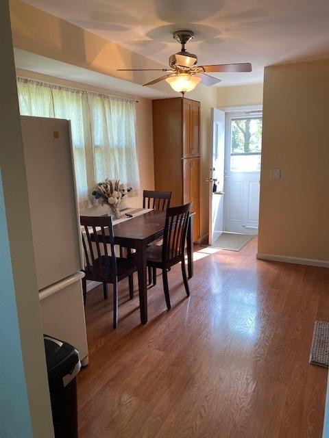 950 Arlon Rd, Aurora, IL 60506 - dining area with a ceiling fan, light wood-style floors, and baseboards
