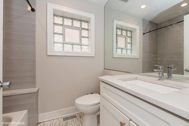 8128 N Odell Ave, Niles, IL 60714 - bathroom with baseboards, toilet, vanity, recessed lighting, and shower / bathtub combination
