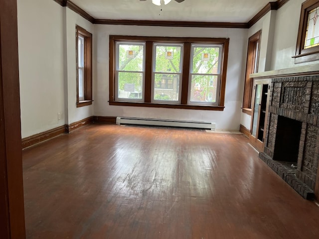 3423 N Tripp Ave, Chicago, IL 60641 - unfurnished living room featuring a baseboard radiator, healthy amount of natural light, hardwood / wood-style floors, and ornamental molding