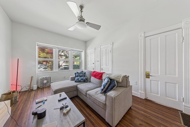 2443 N Marshfield Ave, Chicago, IL 60614 - living room featuring dark wood-style flooring and ceiling fan