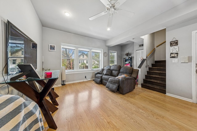 2443 N Marshfield Ave, Chicago, IL 60614 - living room featuring light wood finished floors, baseboards, stairway, a ceiling fan, and recessed lighting