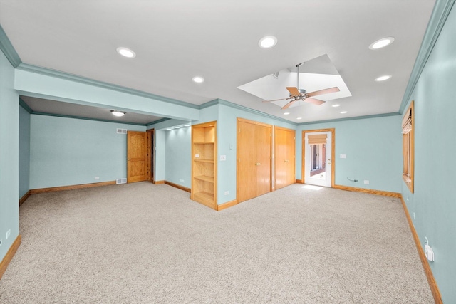 16608 W 135th St, Lemont, IL 60439 - unfurnished bedroom with a skylight, baseboards, crown molding, light carpet, and recessed lighting
