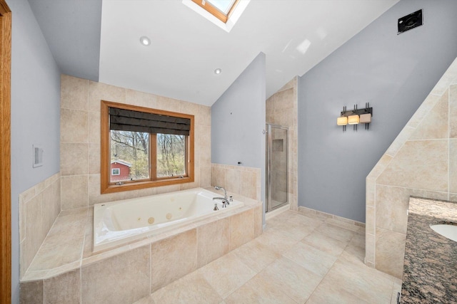 16608 W 135th St, Lemont, IL 60439 - full bath with a stall shower, a tub with jets, a skylight, vaulted ceiling, and vanity