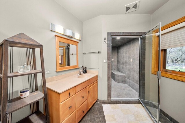 16608 W 135th St, Lemont, IL 60439 - full bath featuring vanity, a shower stall, baseboards, and tile patterned flooring