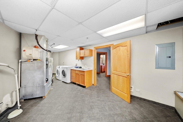 16608 W 135th St, Lemont, IL 60439 - laundry room featuring cabinet space, electric panel, separate washer and dryer, and baseboards