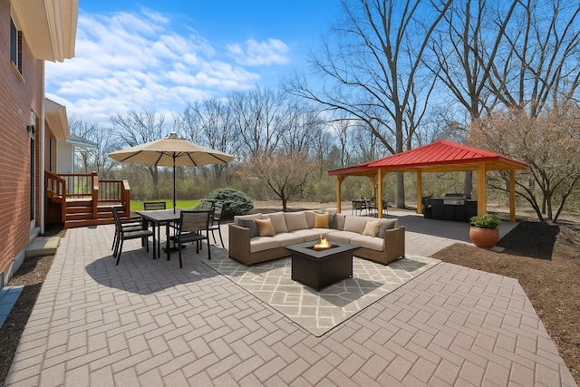 16608 W 135th St, Lemont, IL 60439 - view of patio / terrace with a gazebo, an outdoor living space with a fire pit, outdoor dining space, and a hot tub