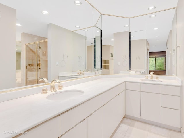 1409 Burr Oak Rd Unit 109A, Hinsdale, IL 60521 - full bathroom with a stall shower, double vanity, and tile patterned flooring