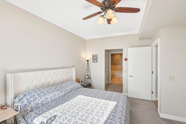 bedroom with carpet, crown molding, ceiling fan, and baseboards
