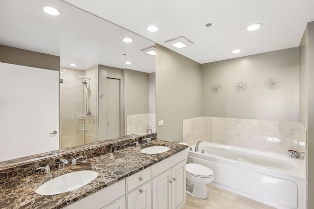 full bathroom with a bath, a shower stall, recessed lighting, double vanity, and toilet