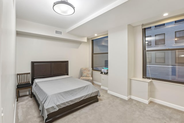 bedroom with carpet flooring, baseboards, and recessed lighting