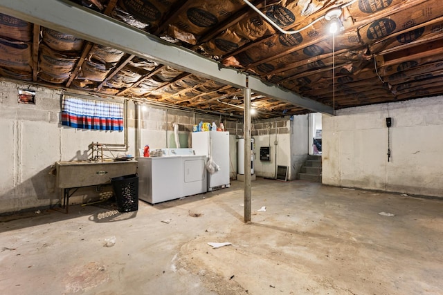 733 E 90th St, Chicago, IL 60619 - unfinished basement featuring washer and clothes dryer, electric water heater, freestanding refrigerator, a sink, and stairs