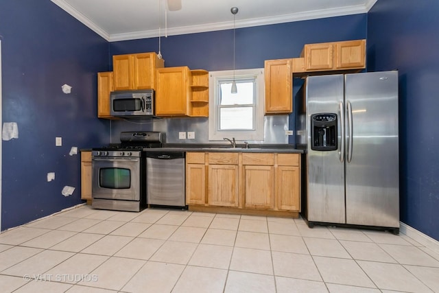 kitchen with stainless steel appliances, dark countertops, baseboards, a sink, and open shelves