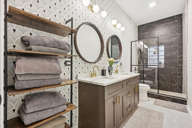 4914 S Washington Park Ct, Chicago, IL 60615 - full bathroom featuring wallpapered walls, toilet, a stall shower, and double vanity