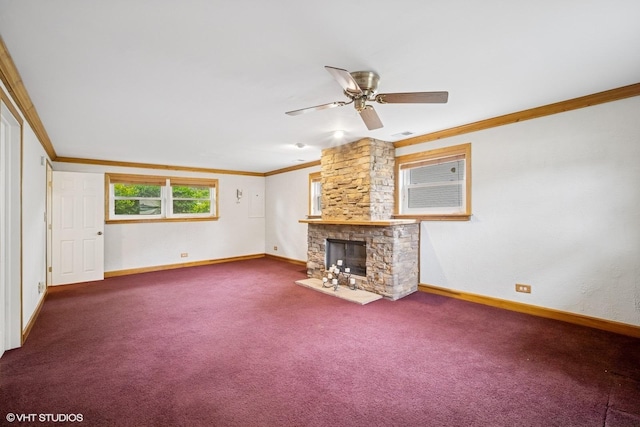 521 N Greenwood Dr, Palatine, IL 60074 - unfurnished living room with ornamental molding, baseboards, carpet flooring, ceiling fan, and a fireplace