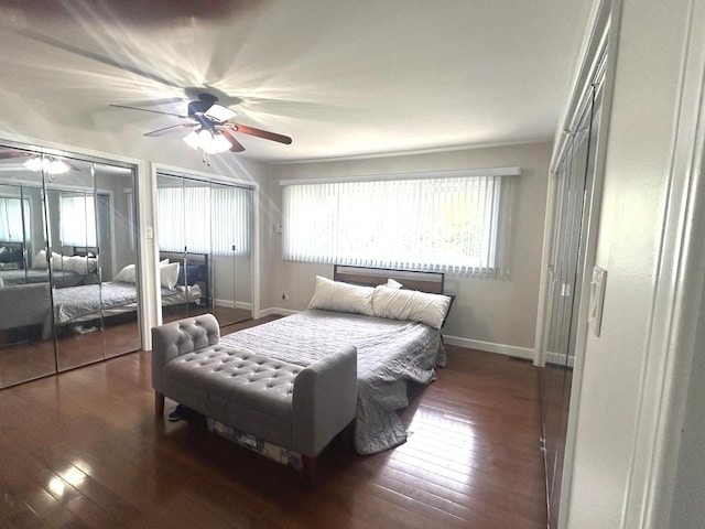 1402 Berry Ln, Flossmoor, IL 60422 - bedroom featuring two closets, wood-type flooring, baseboards, and a ceiling fan