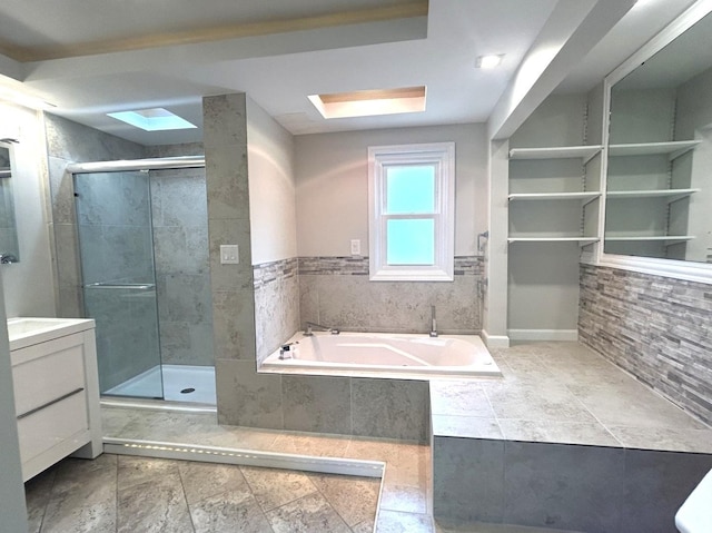 1402 Berry Ln, Flossmoor, IL 60422 - full bathroom featuring a skylight, a stall shower, a garden tub, and vanity