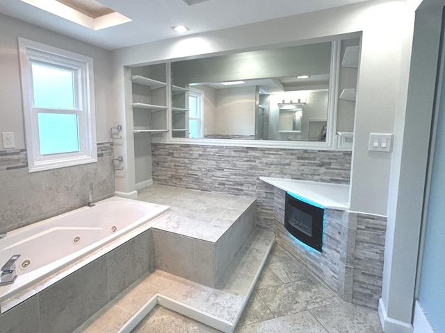 1402 Berry Ln, Flossmoor, IL 60422 - full bath featuring a jetted tub, tile walls, and a fireplace
