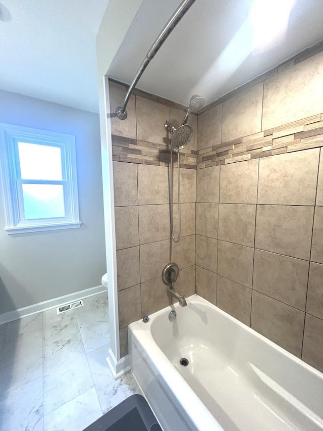 1402 Berry Ln, Flossmoor, IL 60422 - bathroom with baseboards, bathing tub / shower combination, marble look tile flooring, and toilet