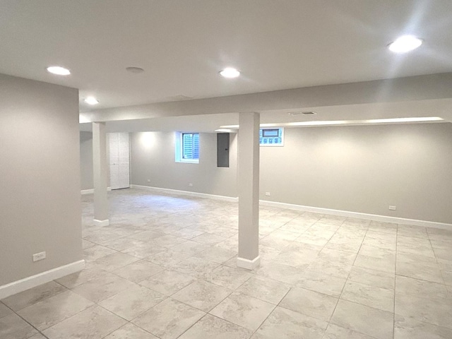 1402 Berry Ln, Flossmoor, IL 60422 - below grade area featuring recessed lighting, baseboards, electric panel, and light tile patterned floors