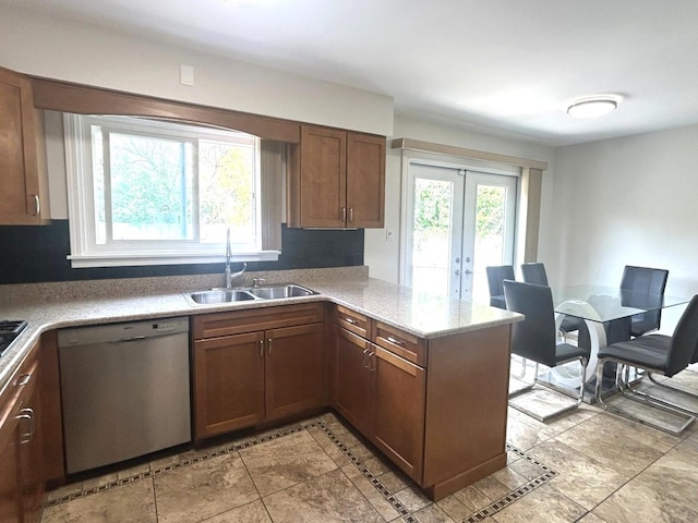 1402 Berry Ln, Flossmoor, IL 60422 - kitchen featuring dishwasher, a sink, a peninsula, french doors, and tasteful backsplash