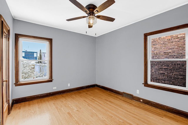 unfurnished room with light wood-type flooring, baseboards, ceiling fan, and ornamental molding