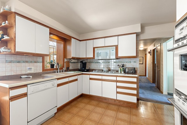 7009 W 115th Pl, Worth, IL 60482 - kitchen featuring white appliances, a sink, white cabinetry, open shelves, and tasteful backsplash