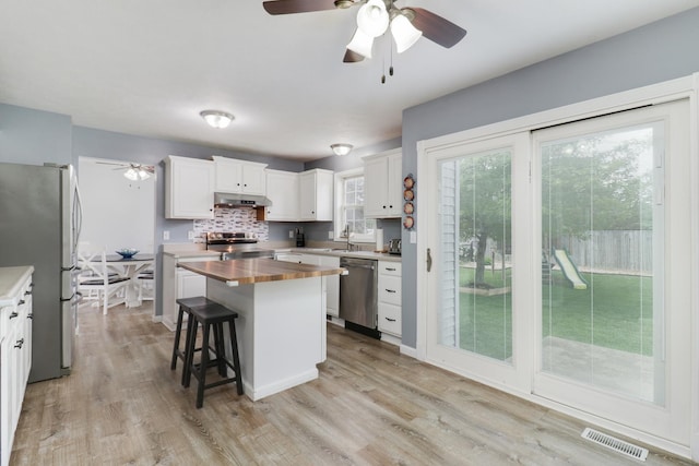 1505 Torrey Pines Rd, Normal, IL 61761 - kitchen featuring appliances with stainless steel finishes, under cabinet range hood, wooden counters, a sink, and a ceiling fan