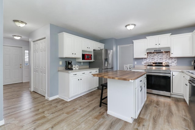 1505 Torrey Pines Rd, Normal, IL 61761 - kitchen with stainless steel appliances, butcher block counters, under cabinet range hood, and light wood finished floors