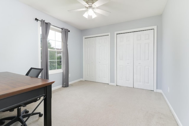 1505 Torrey Pines Rd, Normal, IL 61761 - home office with light carpet, baseboards, and ceiling fan