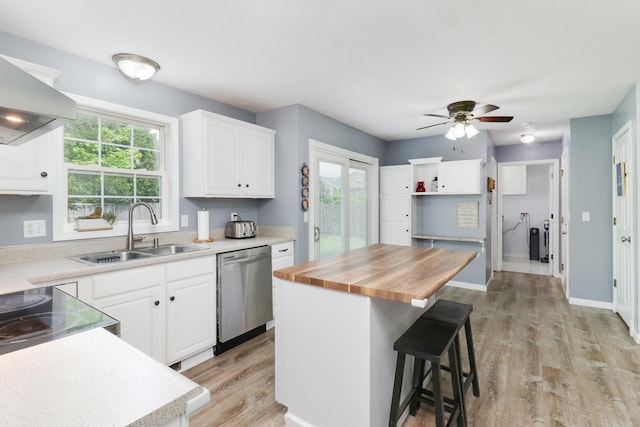 1505 Torrey Pines Rd, Normal, IL 61761 - kitchen with stainless steel dishwasher, a sink, wall chimney exhaust hood, wood counters, and white cabinets
