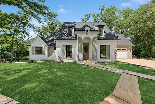 1107 Quassey Ave, Lake Bluff, IL 60044 - french country inspired facade featuring brick siding, driveway, roof with shingles, an attached garage, and a front yard