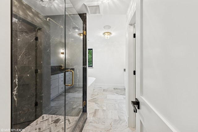1107 Quassey Ave, Lake Bluff, IL 60044 - full bath with a freestanding tub, a marble finish shower, marble tiled floors, and vanity