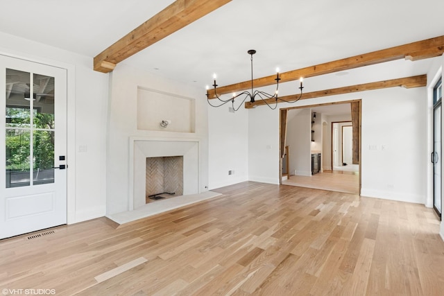 1107 Quassey Ave, Lake Bluff, IL 60044 - unfurnished living room featuring beamed ceiling, a chandelier, light wood finished floors, and a fireplace
