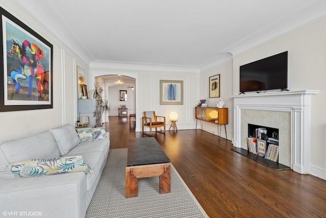 4940 S E End Ave Unit 17A, Chicago, IL 60615 - living area with wood finished floors, ornamental molding, arched walkways, and a fireplace