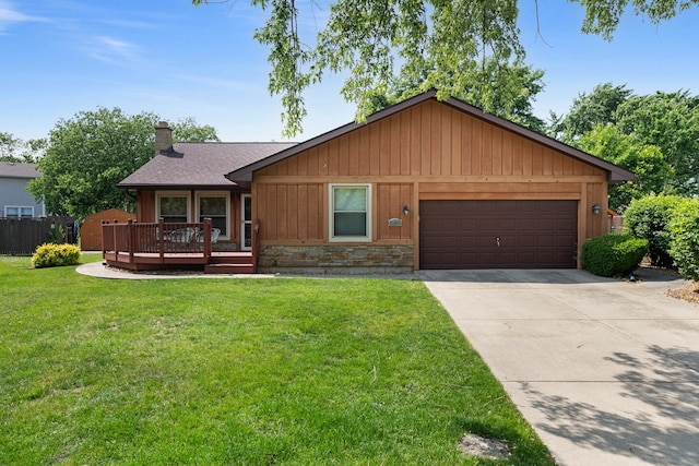 14356 S Birchwood Ct, Homer Glen, IL 60491 - chalet / cabin with a chimney, a garage, stone siding, driveway, and a deck