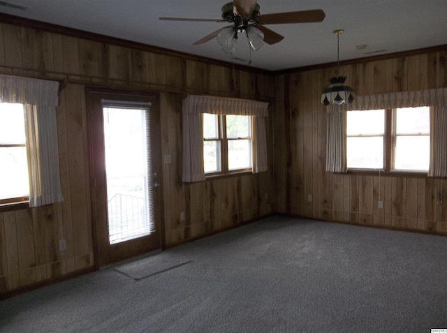 1619 Locust, Quincy, IL 62301 - unfurnished room with wood walls, ceiling fan, carpet floors, and crown molding