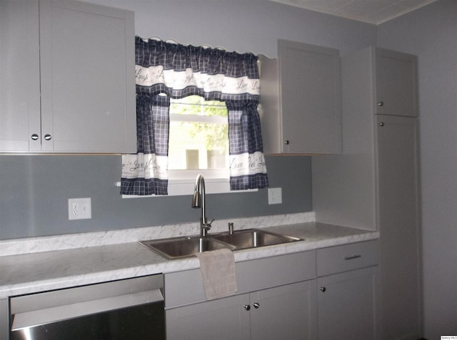 1619 Locust, Quincy, IL 62301 - kitchen with dishwasher, a sink, light countertops, and gray cabinetry