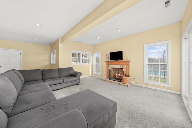 625 Fielding Place Ct, Barrington, IL 60010 - living area featuring carpet flooring, plenty of natural light, baseboards, and a brick fireplace