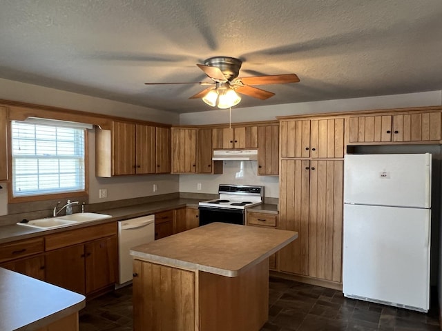 330 Centerpoint Dr, Bourbonnais, IL 60914 - kitchen featuring white appliances, a sink, under cabinet range hood, a ceiling fan, and stone finish floors