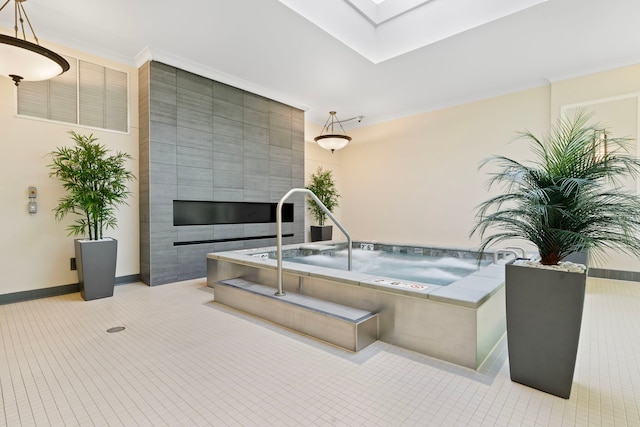 view of patio featuring an in-ground hot tub
