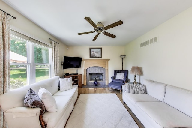 5506 Hickory Grove Ct, Plainfield, IL 60586 - living room with wood finished floors, ceiling fan, and a fireplace with flush hearth