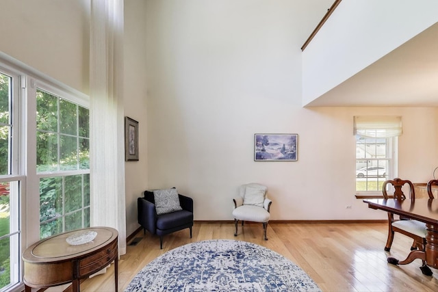 5506 Hickory Grove Ct, Plainfield, IL 60586 - living area featuring a high ceiling, light wood-style flooring, and baseboards