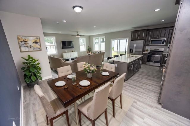 23049 W Andrew Ave, Channahon, IL 60410 - dining area with recessed lighting, light wood finished floors, baseboards, and a ceiling fan