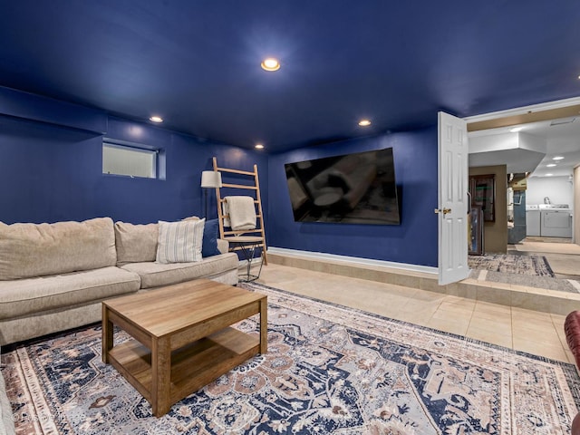 6085 N Nassau Ave, Chicago, IL 60631 - tiled living area with washer and dryer and recessed lighting