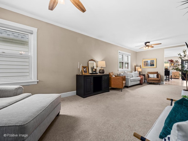 6085 N Nassau Ave, Chicago, IL 60631 - living area featuring a ceiling fan, crown molding, carpet, and baseboards