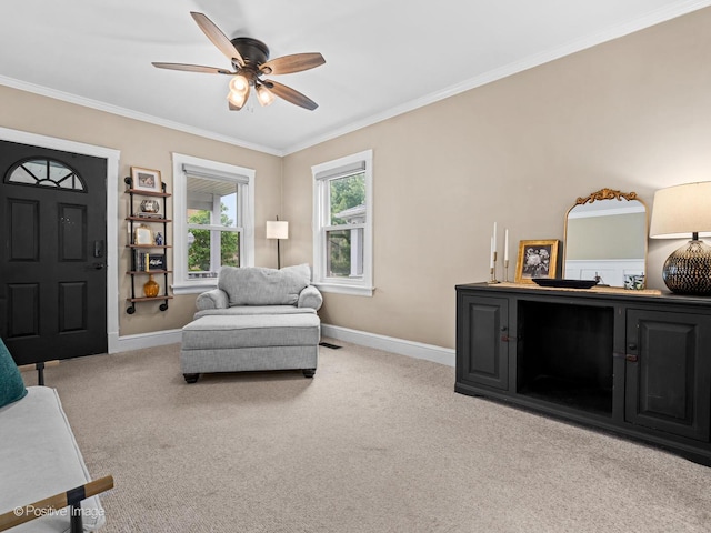 6085 N Nassau Ave, Chicago, IL 60631 - living area featuring crown molding, light carpet, a ceiling fan, and baseboards