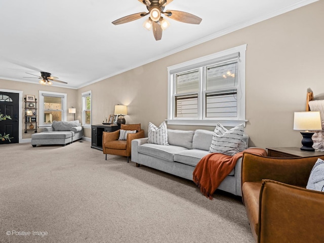 6085 N Nassau Ave, Chicago, IL 60631 - living area featuring a ceiling fan, ornamental molding, carpet, and baseboards
