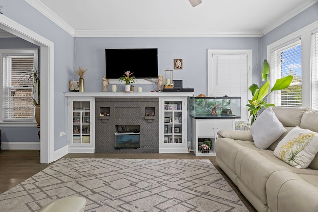 2018 N Laporte Ave, Chicago, IL 60639 - living room featuring ornamental molding, wood finished floors, baseboards, and a glass covered fireplace
